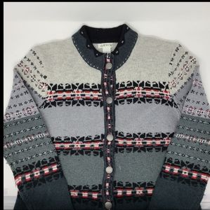 Women's Orvis Nordic Button Up Sweater Wool Cardigan Large Stripe Gray Vintage